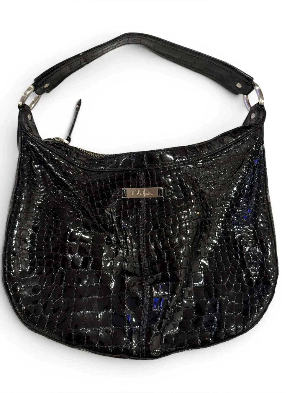 Beautiful Cole Haan Black Patent Leather Crocodile Embossed Hobo Shoulder Bag